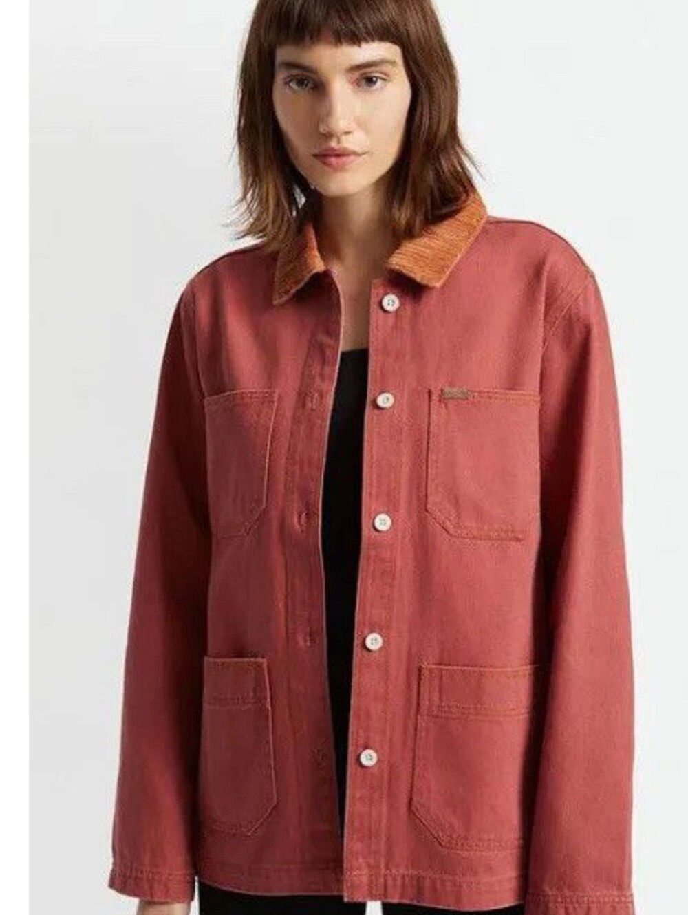 Brixton Survey Chore Coat in Washed Red/Erinson Shade Brown Collar Size M